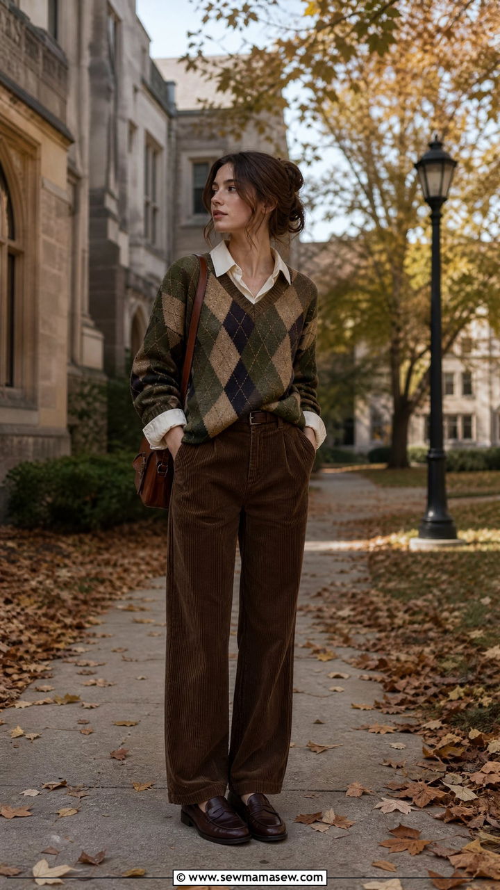 Argyle Sweater Collared Shirt And Corduroy Trousers - 25 poetcore outfits