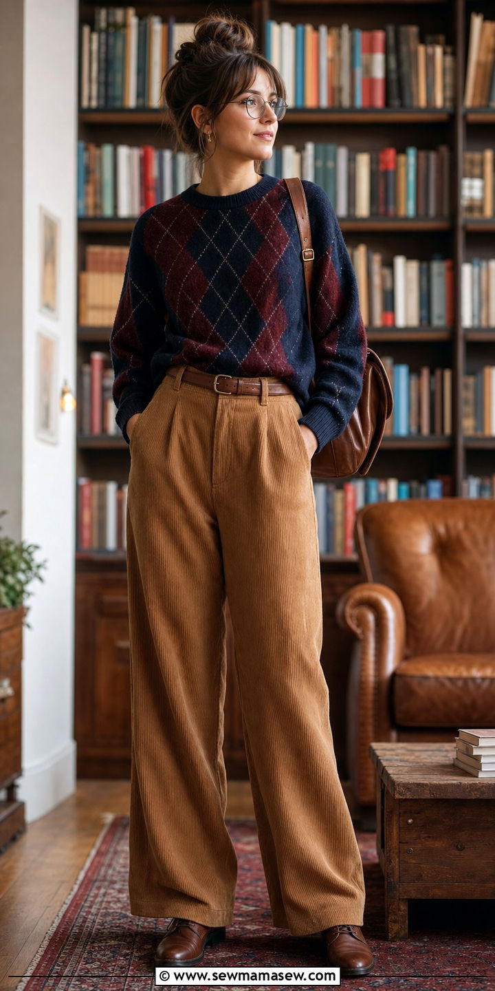 Argyle Sweater Corduroy Pants Outfit - 25 college outfits aesthetic