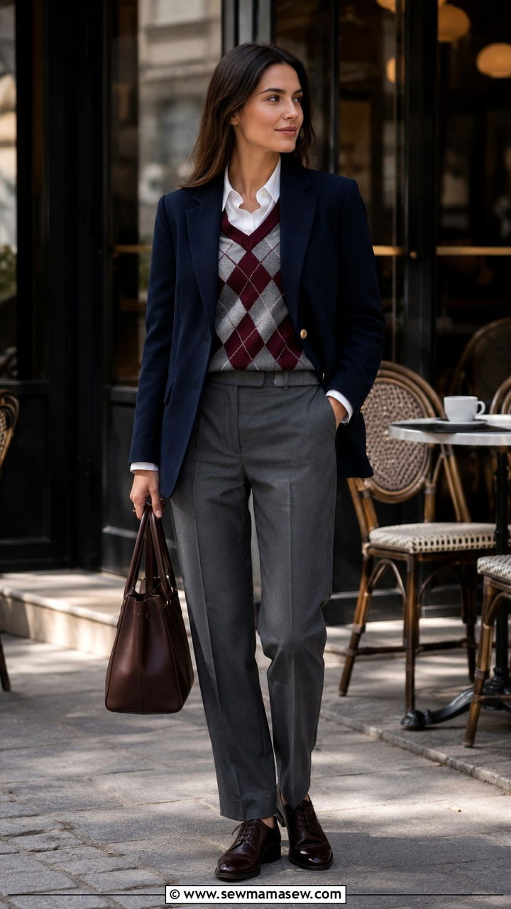 Argyle Sweater Layered Under a Navy Blazer - 25 Old money outfit ideas with argyle sweater