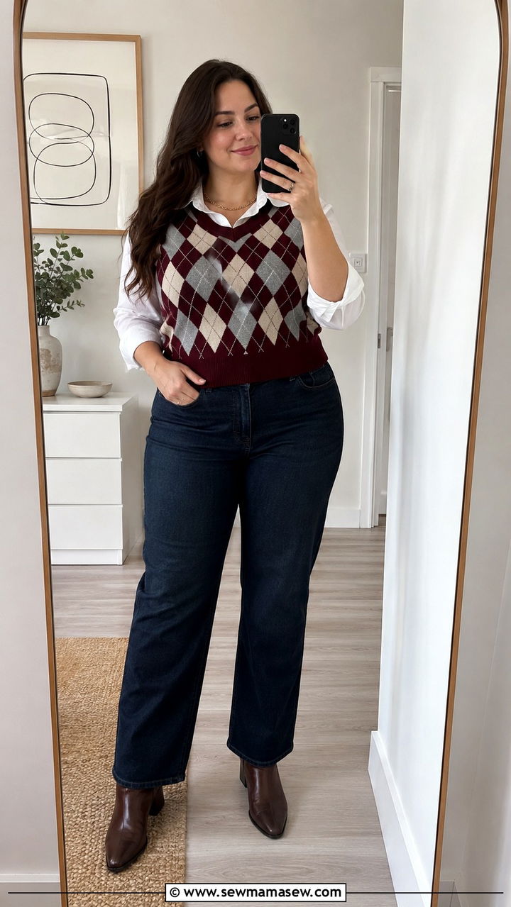 Argyle Sweater Vest And Oxford Shirt Outfit Plus Size - 25 Preppy outfits for curvy women