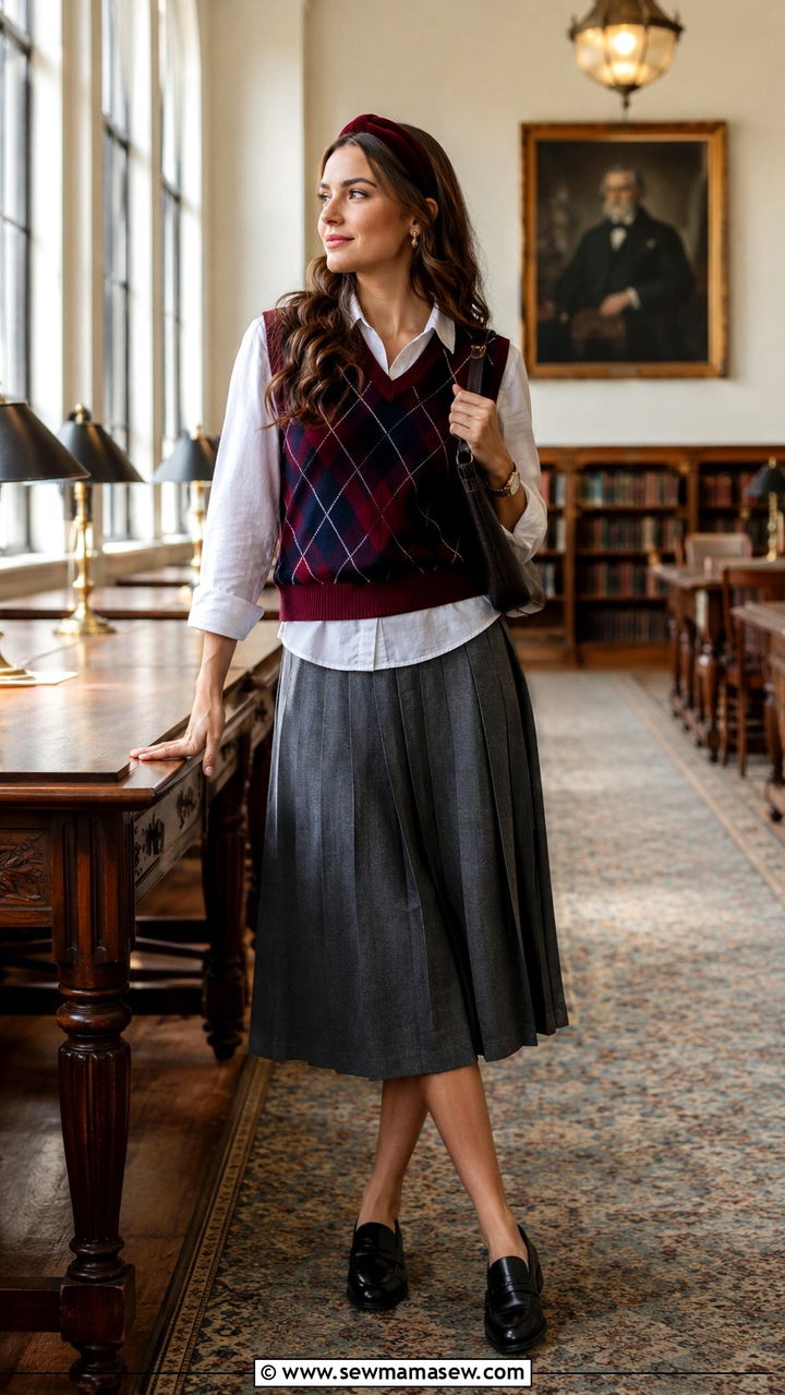 Argyle Sweater Vest And Pleated Skirt With Headband - 25 Old money outfit ideas with headband
