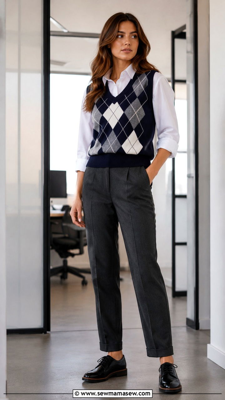 Argyle Sweater Vest Over Button Down Shirt Outfit - 20 Eclectic grandpa outfit ideas for work