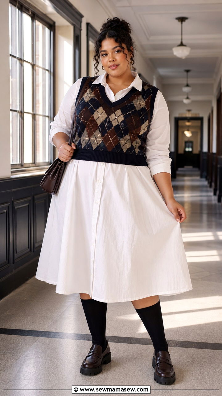 Argyle Sweater Vest Over Collared Midi Dress With Knee High Socks - 20 Dark academia outfits for curvy women