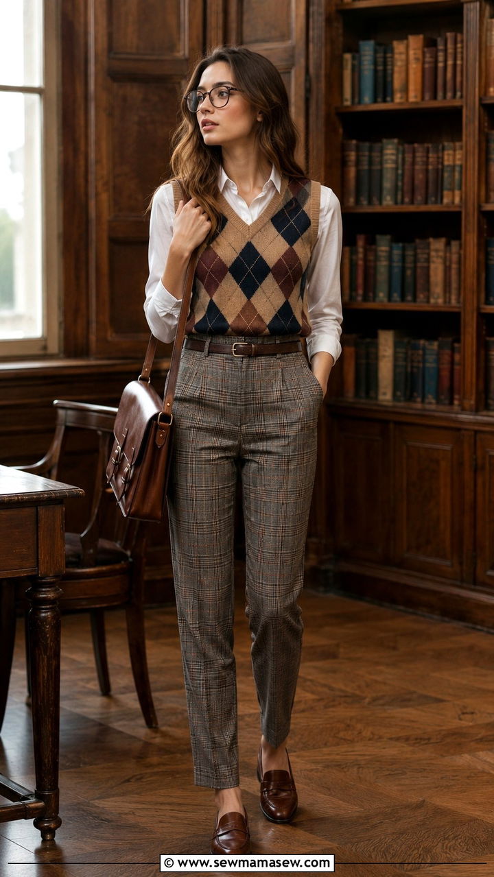 Argyle Sweater Vest With Button Down And Plaid Trousers - 30 preppy outfit ideas for women