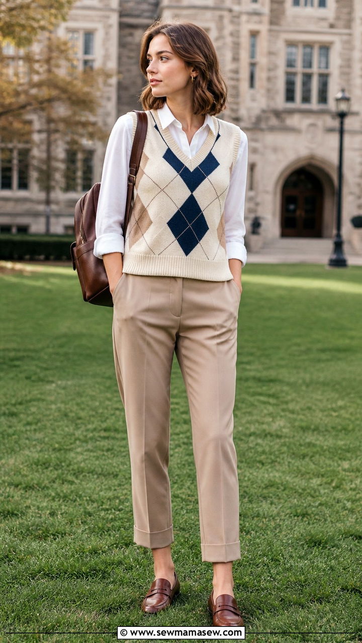 Argyle Sweater Vest With Button Down Shirt And Cropped Trousers - 40 light academia outfits for women