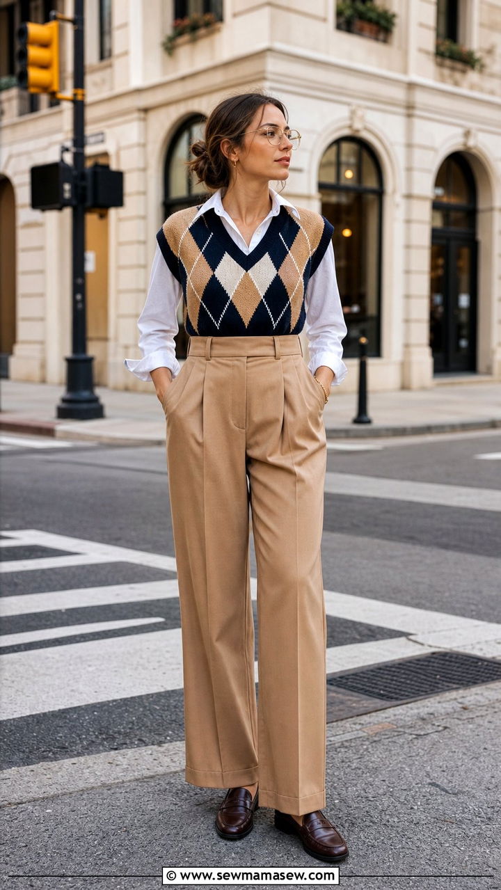 Argyle Sweater Vest With Button Down Shirt and Pleated Trousers - 25 Eclectic grandpa outfit ideas