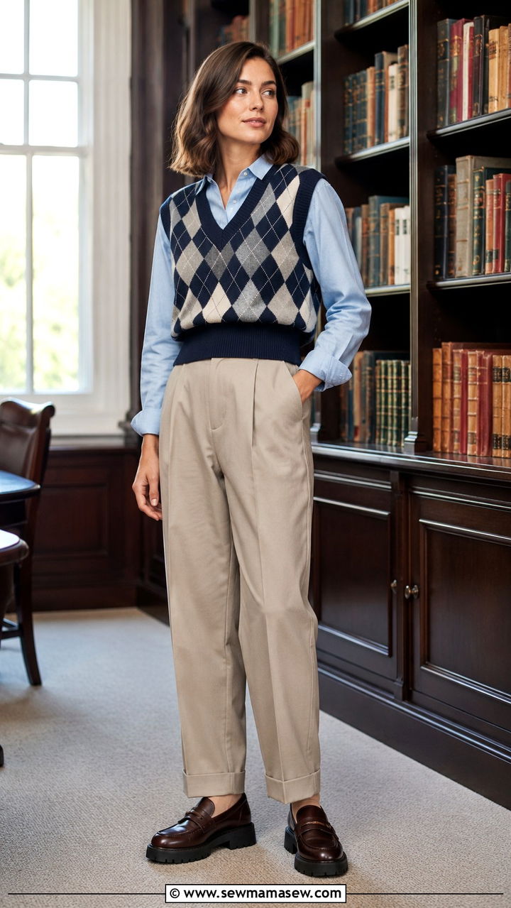 Argyle Sweater Vest With Button Down and Pleated Trousers - 30 casual preppy outfits