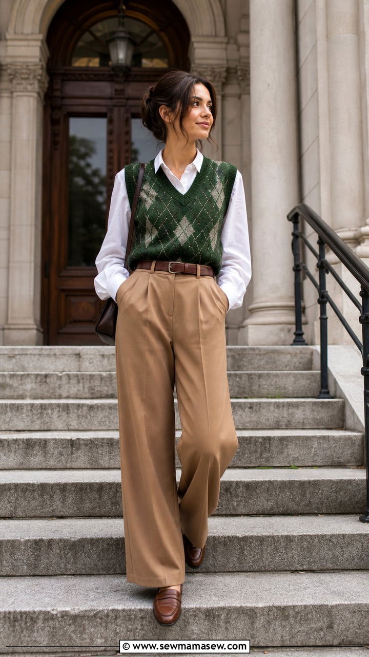 Argyle Sweater Vest With High Waisted Trousers - 25 dark academia outfits aesthetic