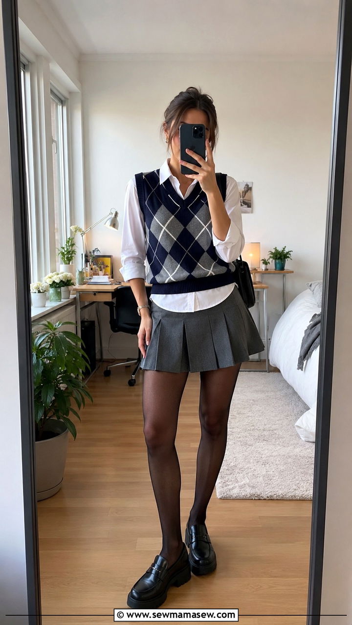 Argyle Sweater Vest With Oxford Shirt And Pleated Mini Skirt - 30 Preppy work outfits