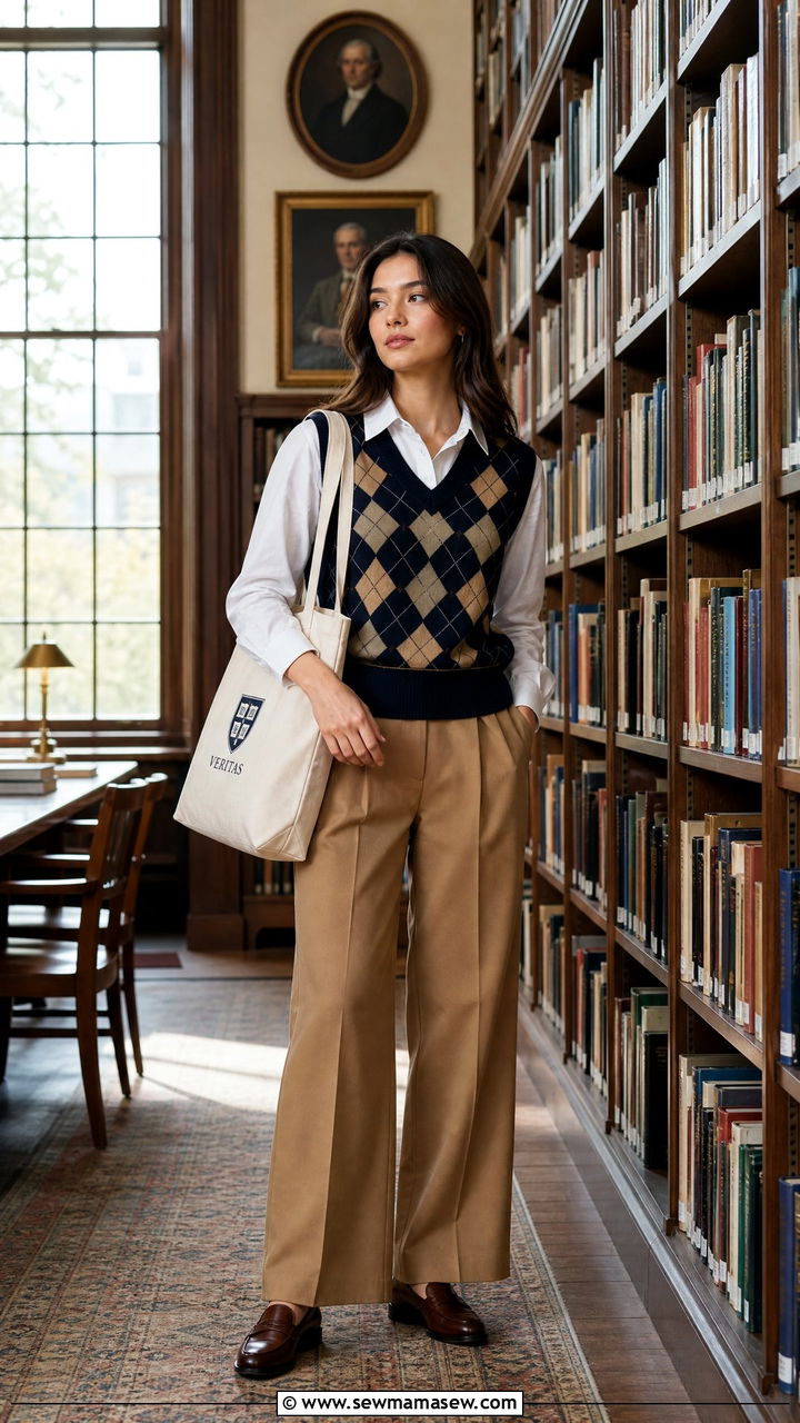 Argyle Sweater Vest With Oxford Shirt and Trousers Outfit - 25 Ivy league outfit ideas 2026