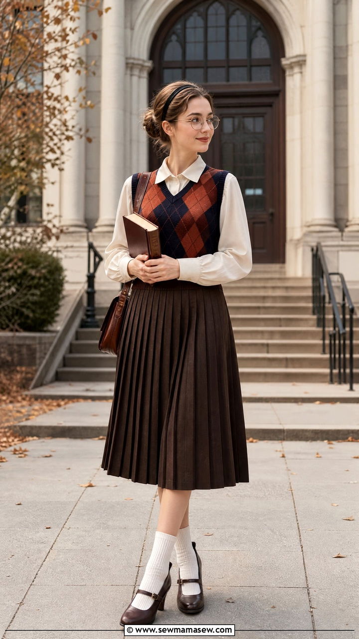 Argyle Sweater Vest With Pleated Midi Skirt - 25 classy librarian core outfits