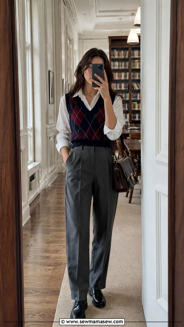 Argyle Sweater Vest With White Shirt And Tailored Trousers - 20 College outfit ideas preppy 2026