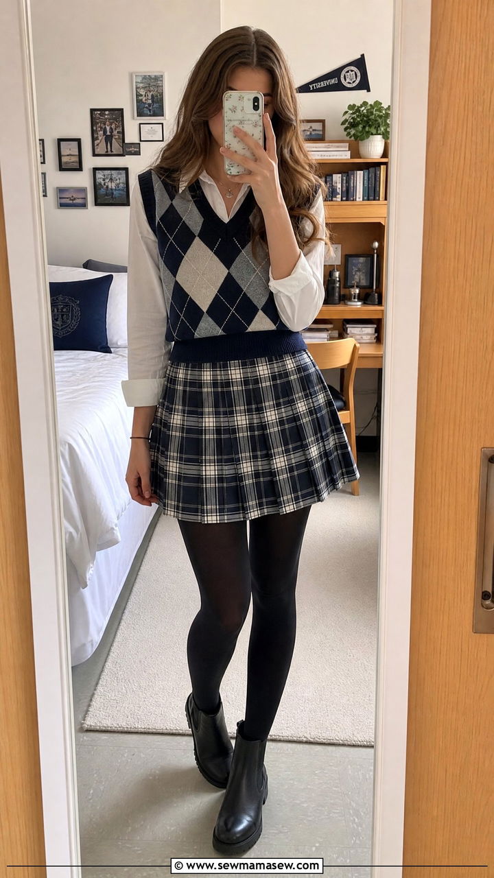 Argyle Sweater Vest and Plaid Skirt - 25 Boarding school outfit ideas teens