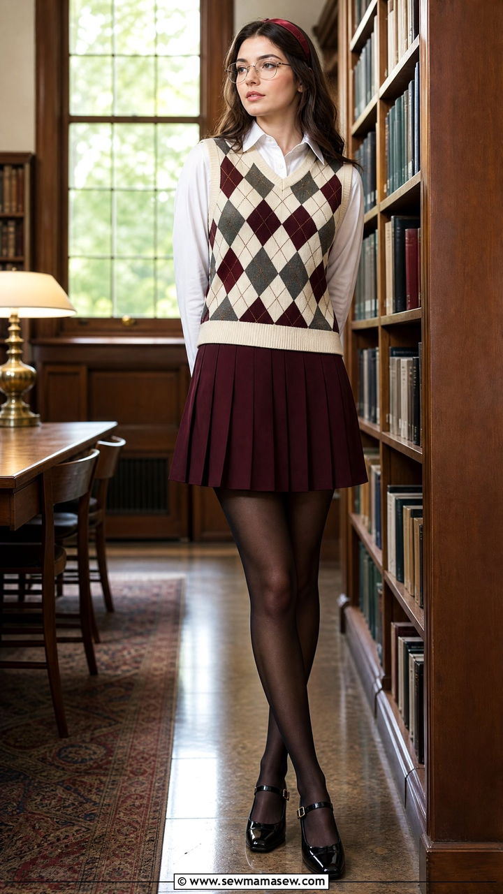 Argyle Sweater Vest and Pleated Skirt - 25 librarian core outfits inspo