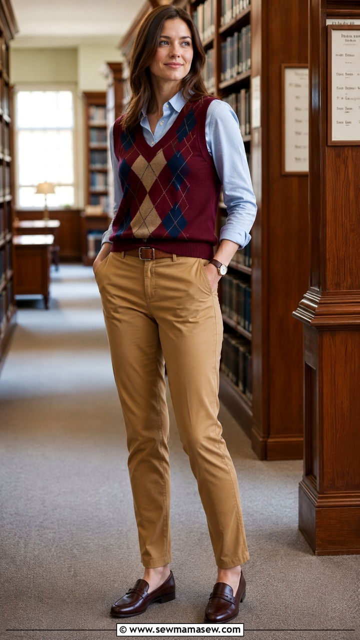 Argyle Sweater Vest over Collared Shirt with StraightLeg Chinos - 30 preppy capsule wardrobe outfits