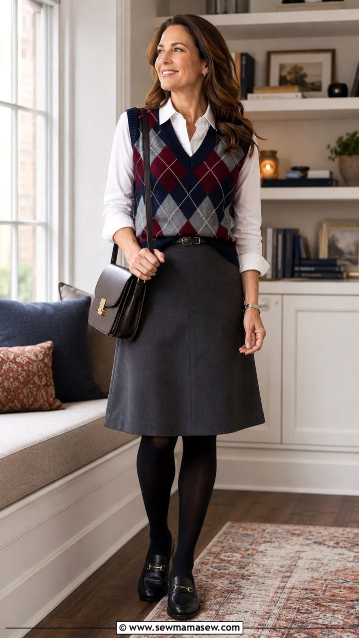 Argyle Sweater Vest with Collared Shirt and A Line Skirt - 25 preppy outfit ideas for women over 40