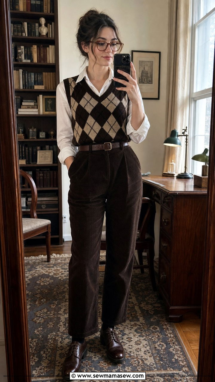 Argyle Sweater Vest with High Waisted Trousers and Brogues - 25 cute dark academia outfits