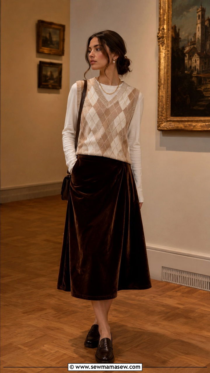 Argyle Sweater Vest with Velvet Midi Skirt - 30 light academia outfits to copy