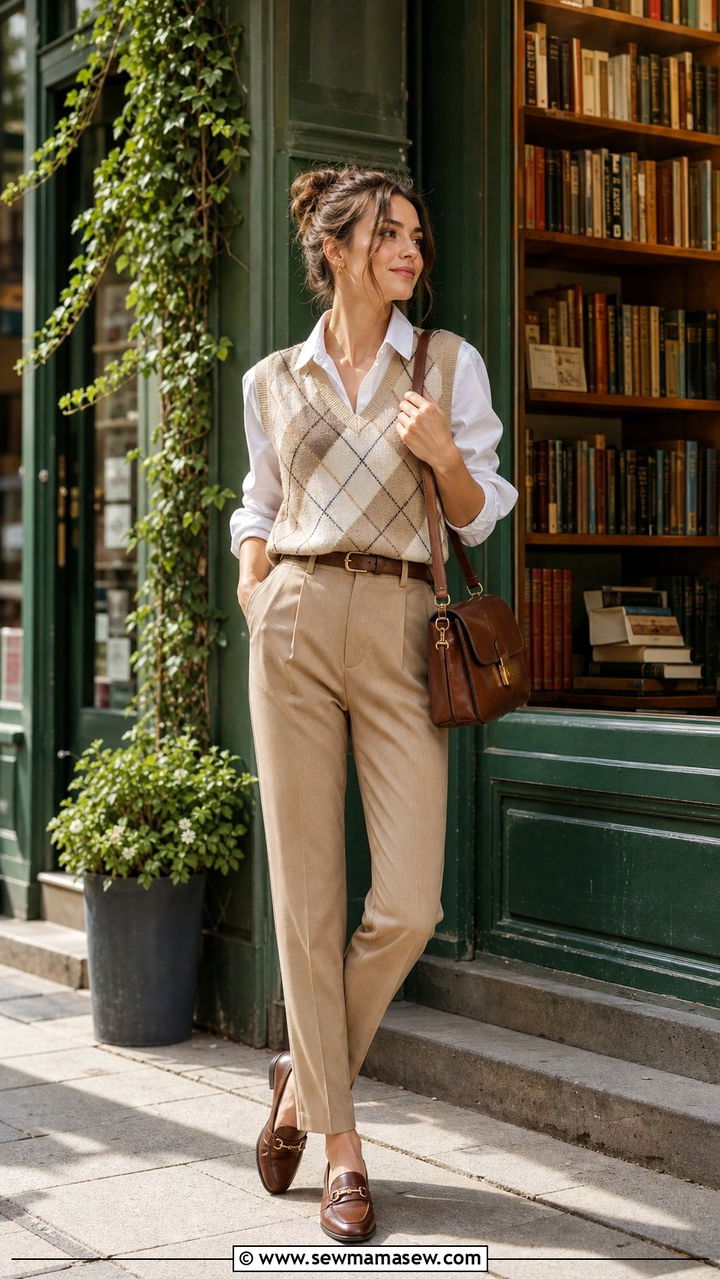 Argyle Sweater Vest with White Button Down - 25 cute light academia outfits