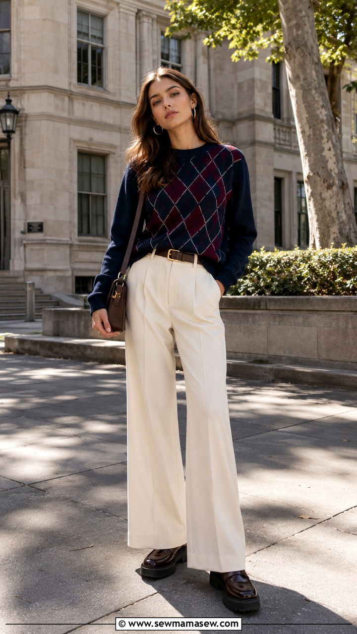 Argyle Sweater Wide Leg Trousers - 30 Preppy school outfits
