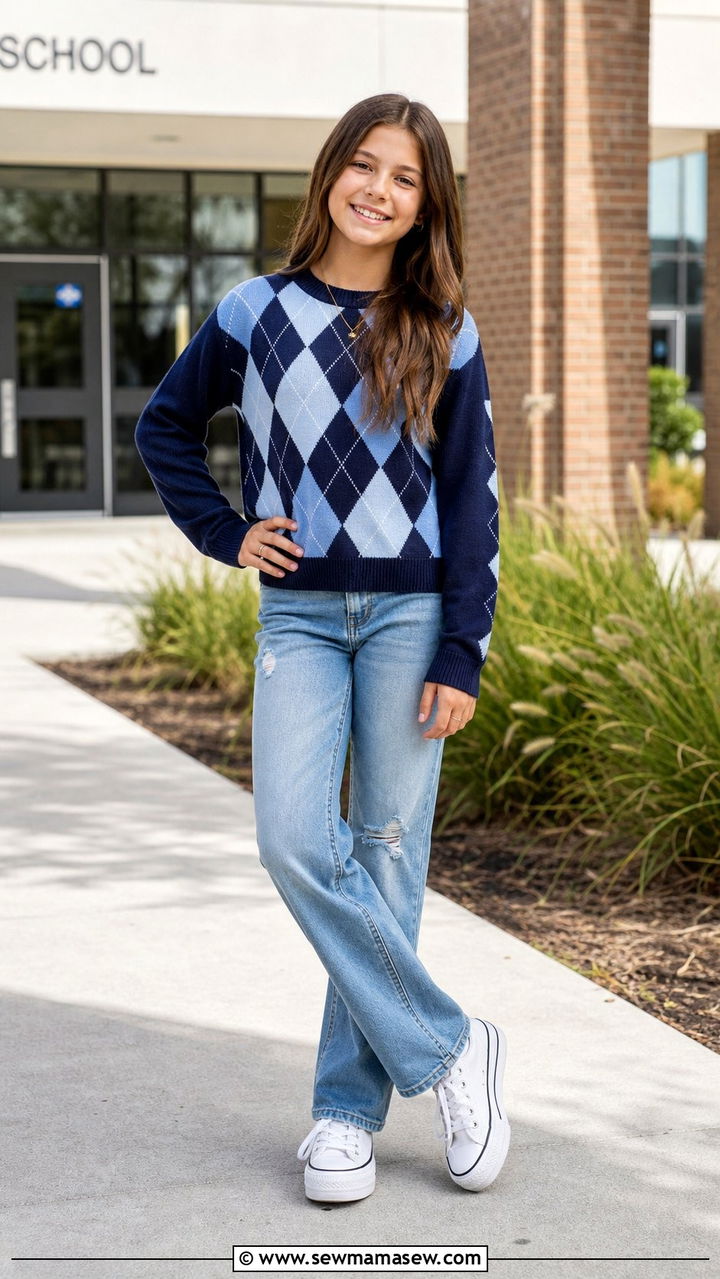 Argyle Sweater With Distressed Straight Leg Jeans - 35 Back to school outfit ideas 7th grade