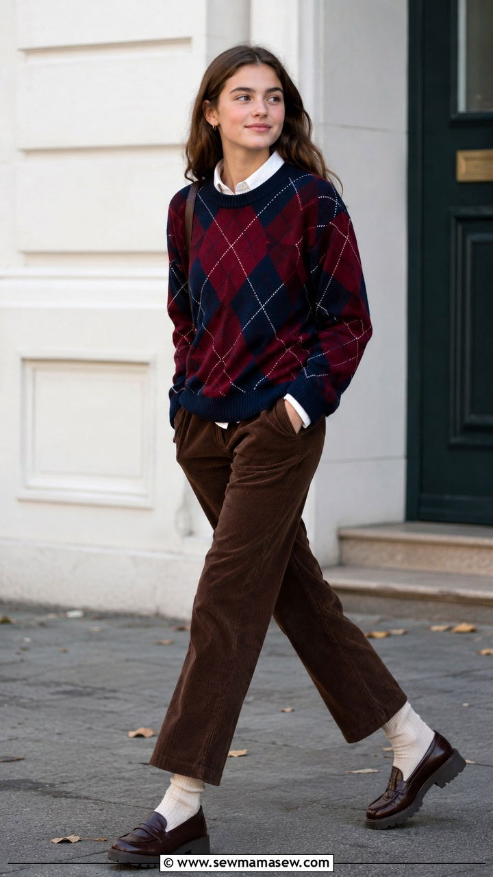 Argyle Sweater and Corduroy Pants - 20 Private school outfit ideas teens