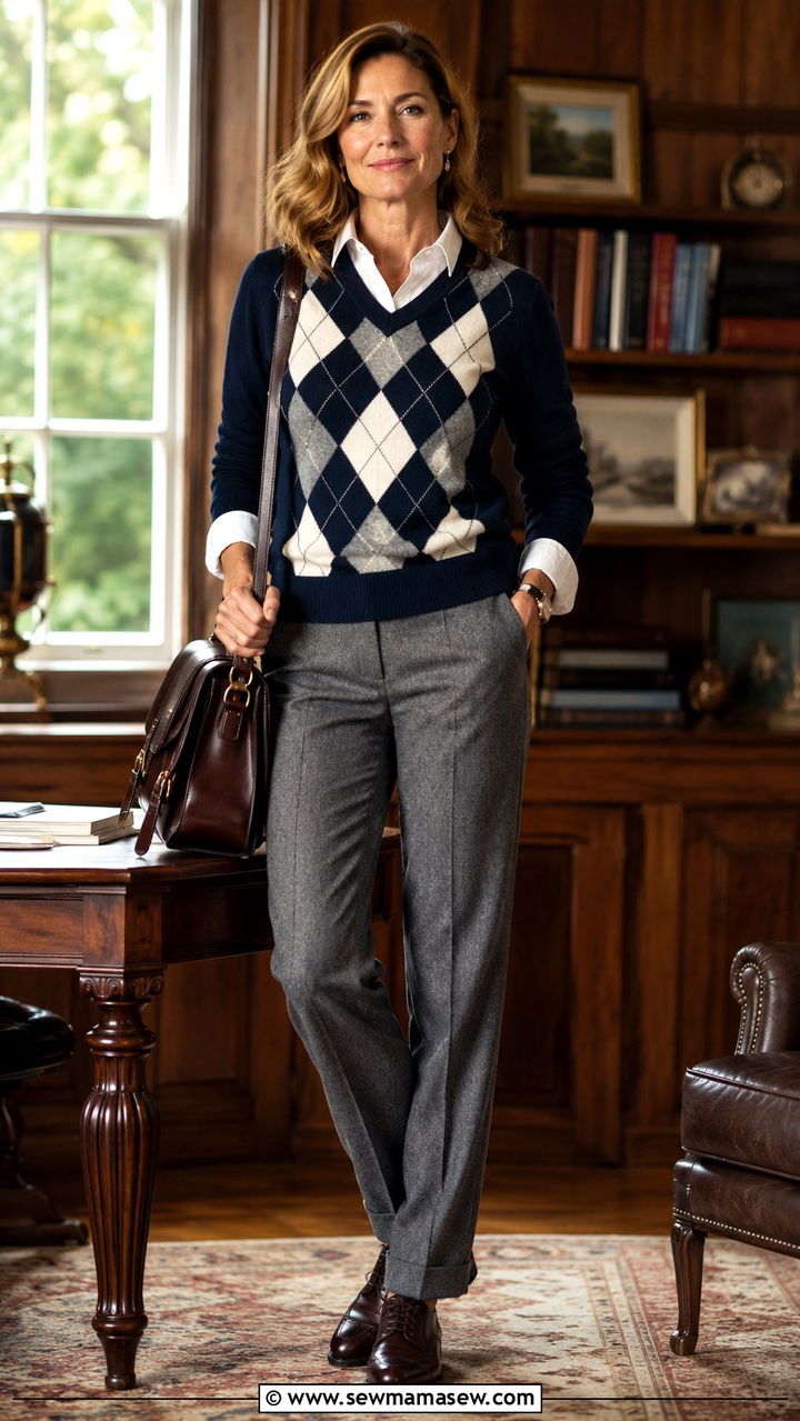 Argyle Sweater and Grey Flannel Trousers with Brogues - 20 dark academia outfit ideas for women over 40