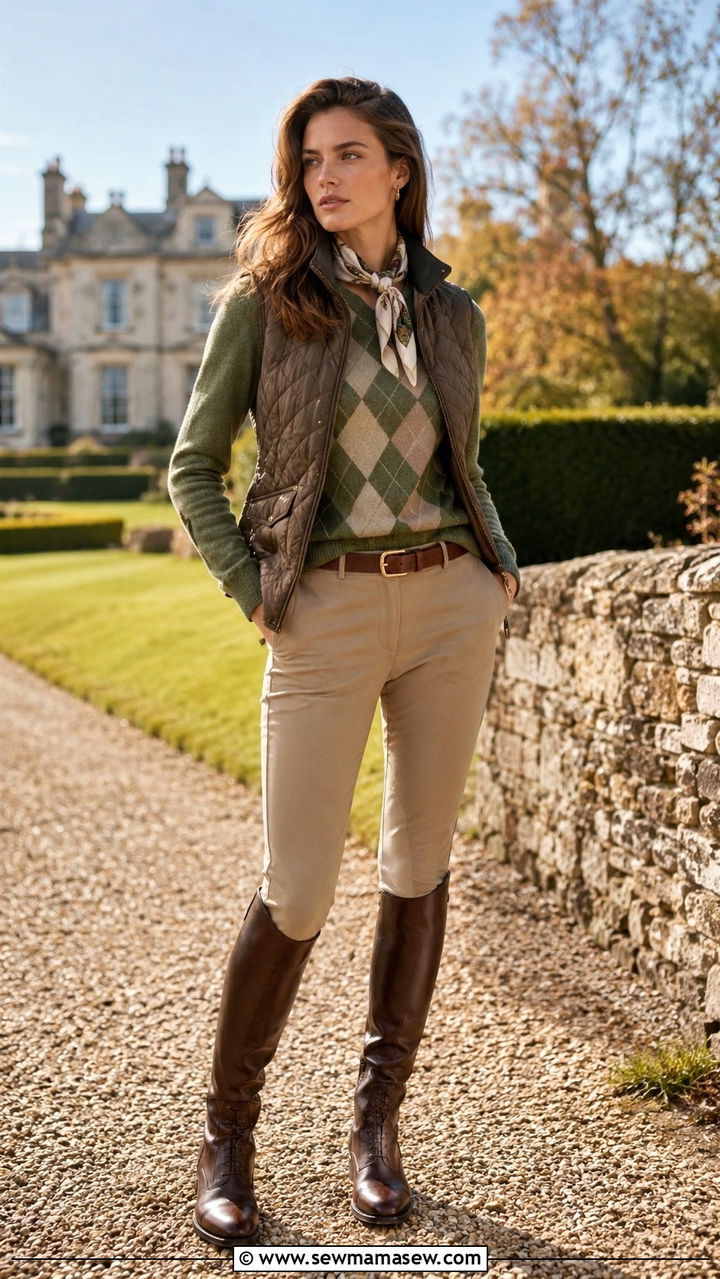 Argyle Sweater with Riding Pants and Tall Leather Boots - 25 Old money outfit ideas with argyle sweater