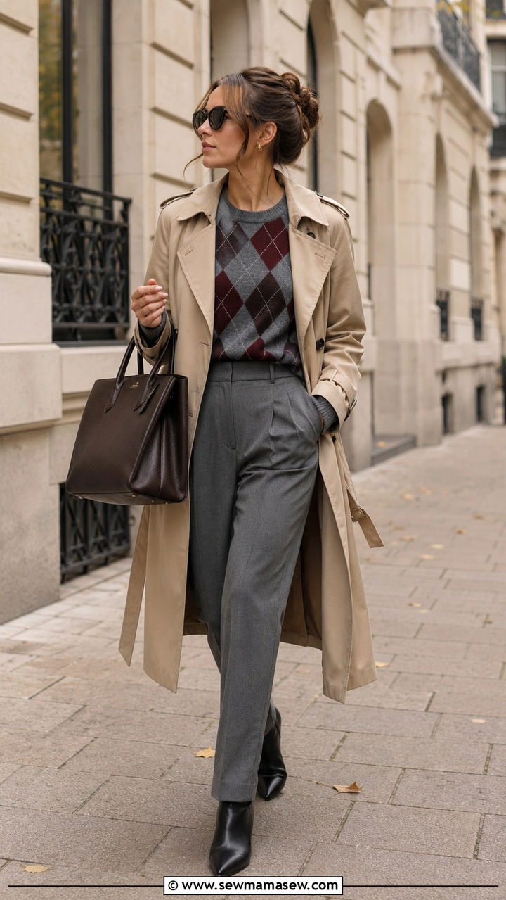 Argyle Sweater with Trench Coat and Grey Tailored Trousers - 25 Old money outfit ideas with argyle sweater
