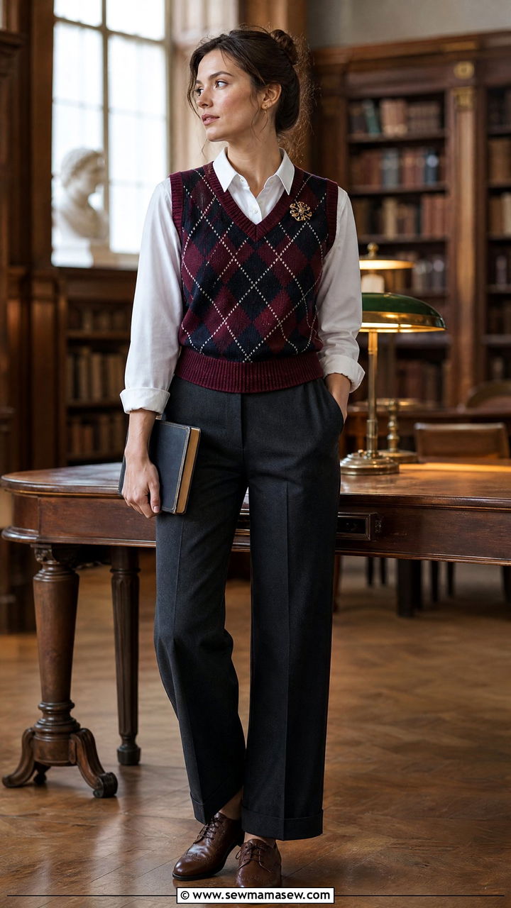 Argyle Vest and Button Down Shirt - 25 librarian core outfits aesthetic