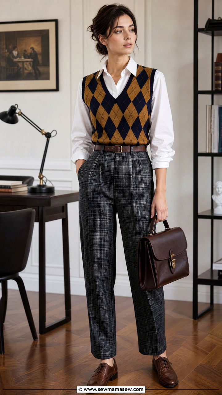 Argyle Vest and Plaid Trousers Workplace Outfit - 30 Dark academia work outfits