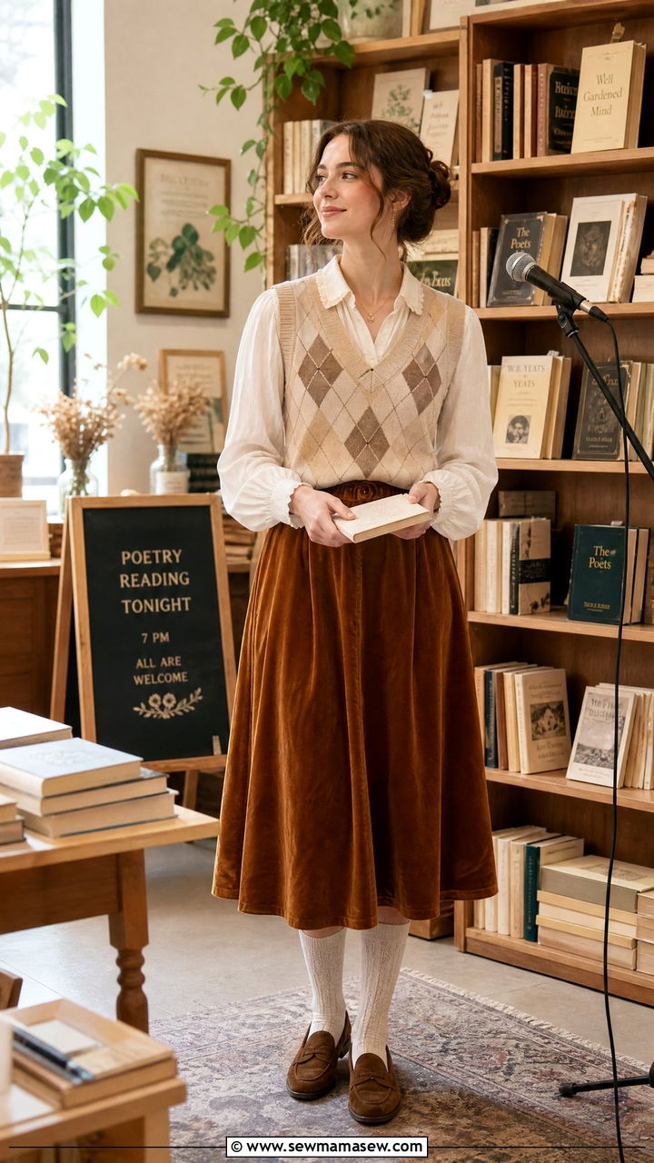 Argyle Vest and Velvet Skirt - 25 classy light academia outfit ideas