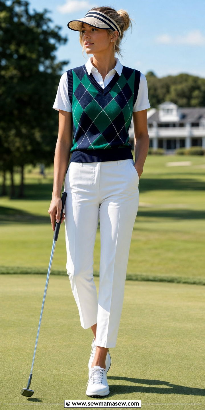Argyle Vest and White Trousers - 25 Sporty chic outfit ideas golf
