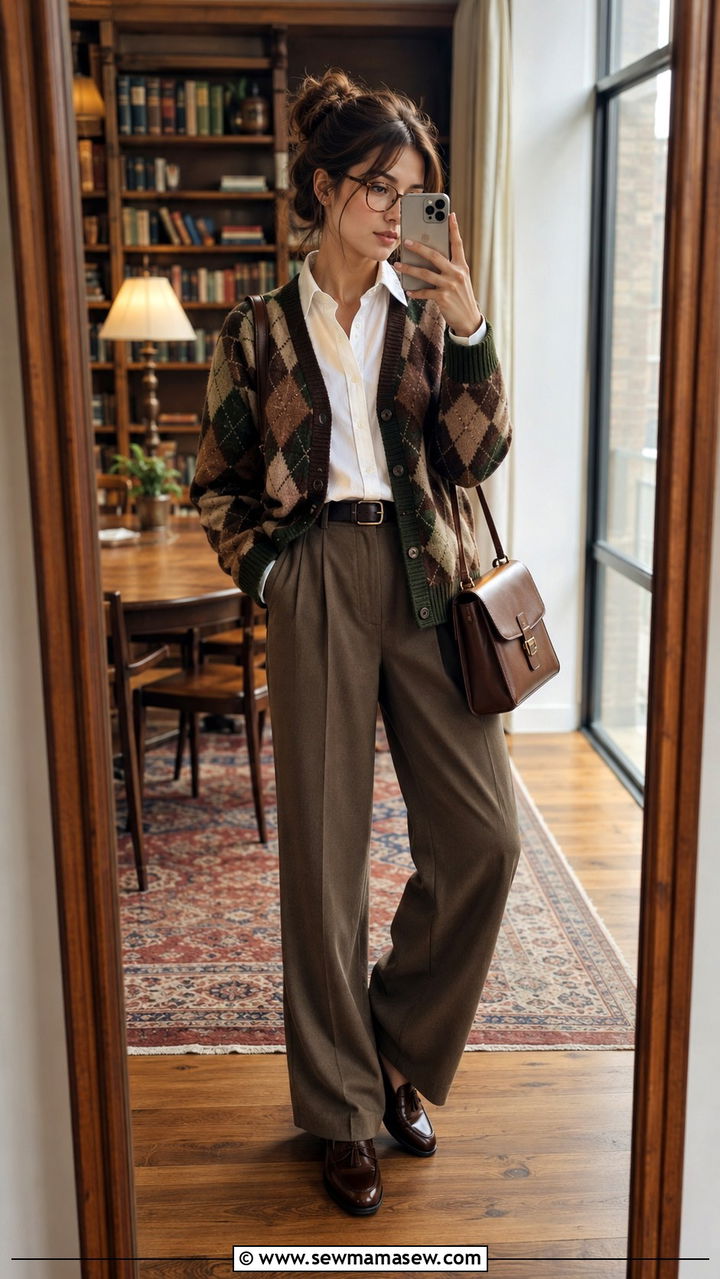 Argyle cardigan over a button up shirt - 30 Indie girl outfit ideas