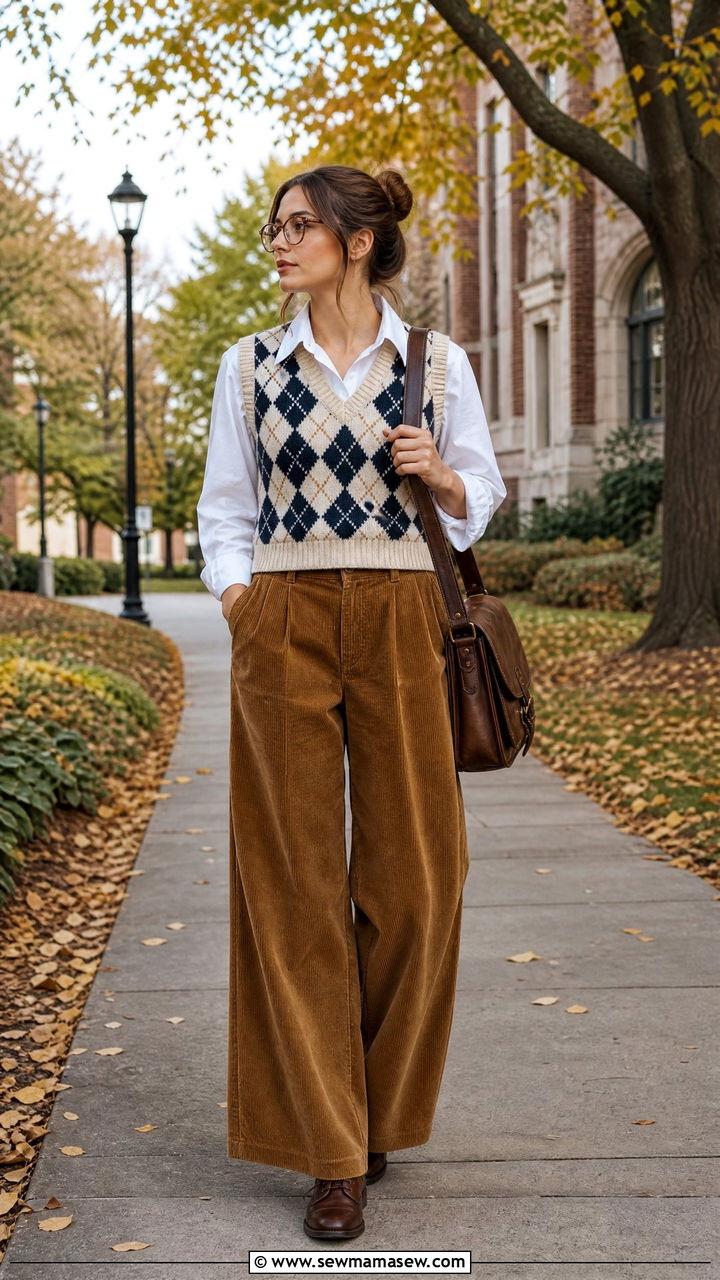 Argyle knit vest and corduroy pants librarian look - 25 librarian core outfits 2026