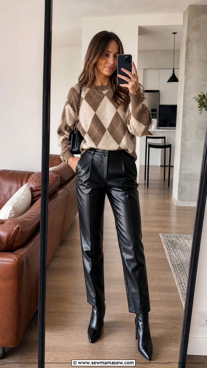Argyle sweater and leather trousers outfit - 35 Modern preppy outfit ideas
