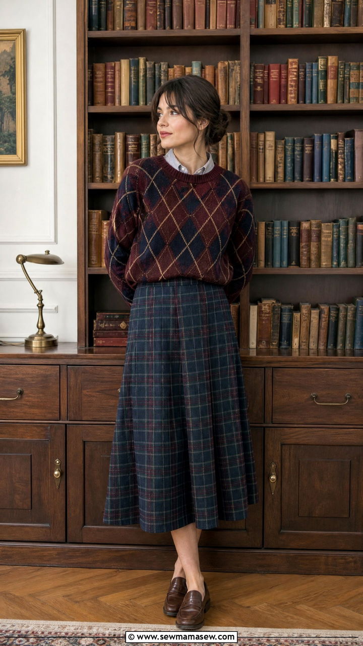 Argyle sweater and plaid midi skirt librarian outfit - 25 librarian core outfits to copy