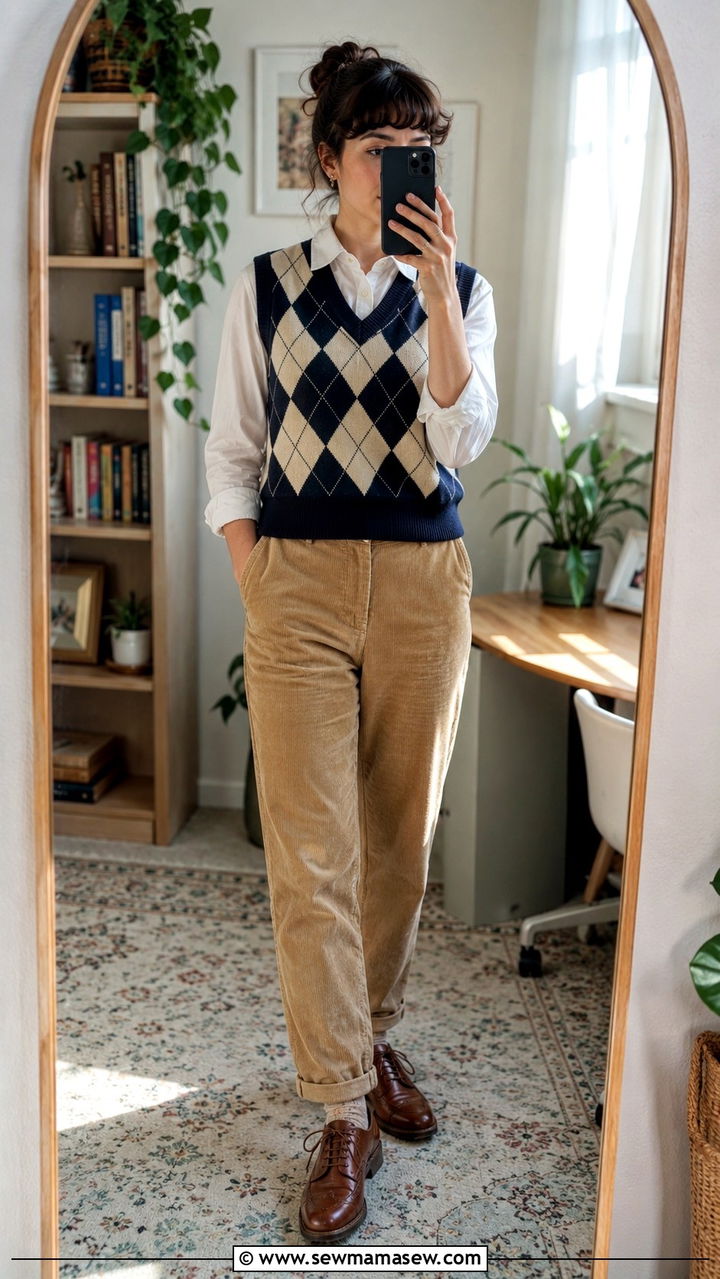Argyle sweater vest and corduroy pants outfit - 30 librarian core outfits for women