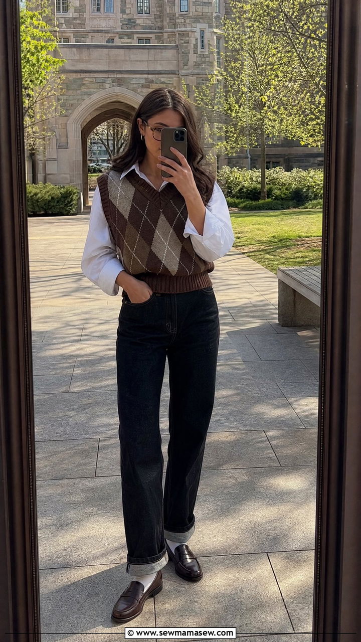 Argyle sweater vest and dark denim - 25 classy dark academia outfits