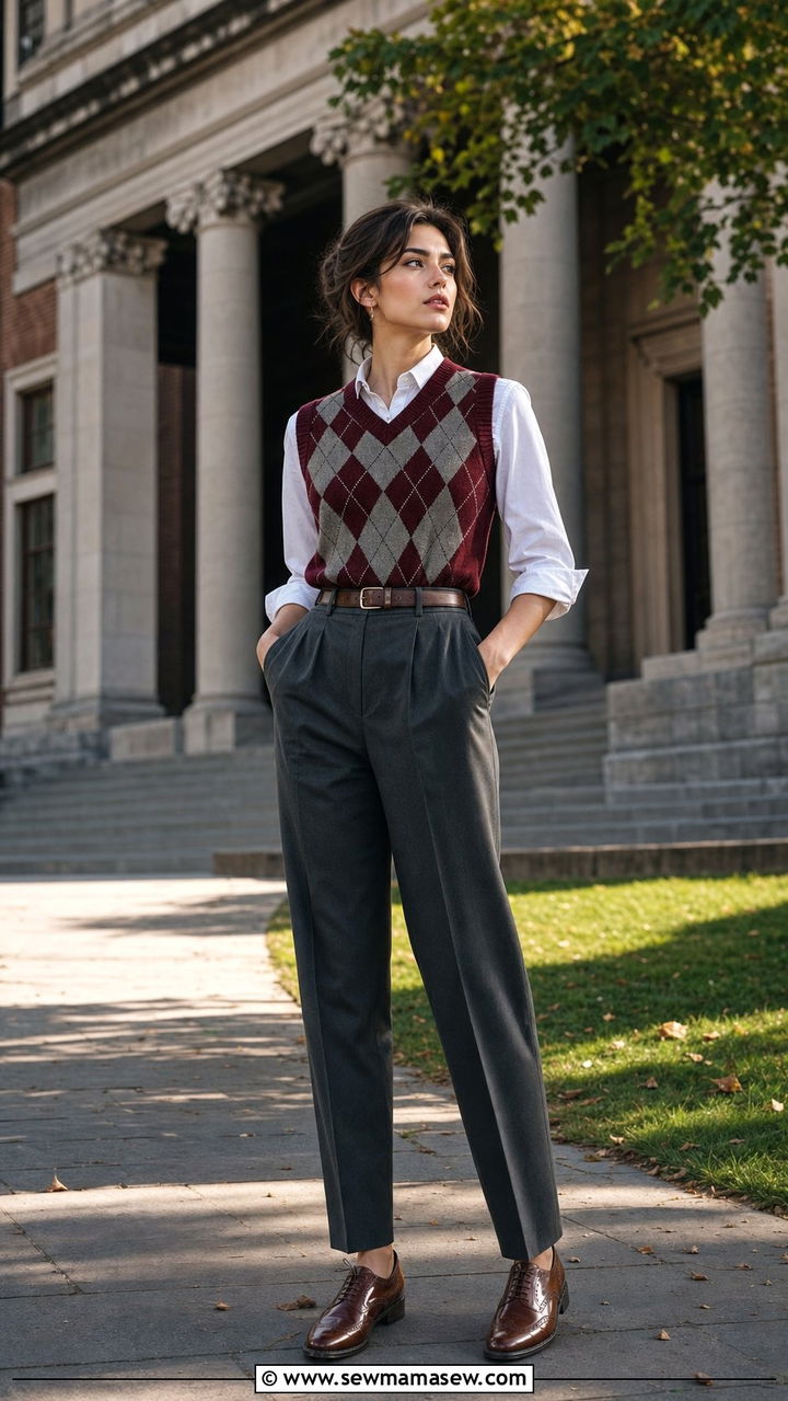 Argyle sweater vest and high waisted trousers - 25 dark academia outfits inspo