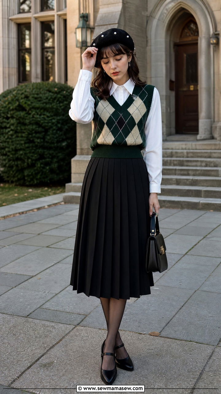Argyle sweater vest and pleated skirt - 30 Dark academia school outfits