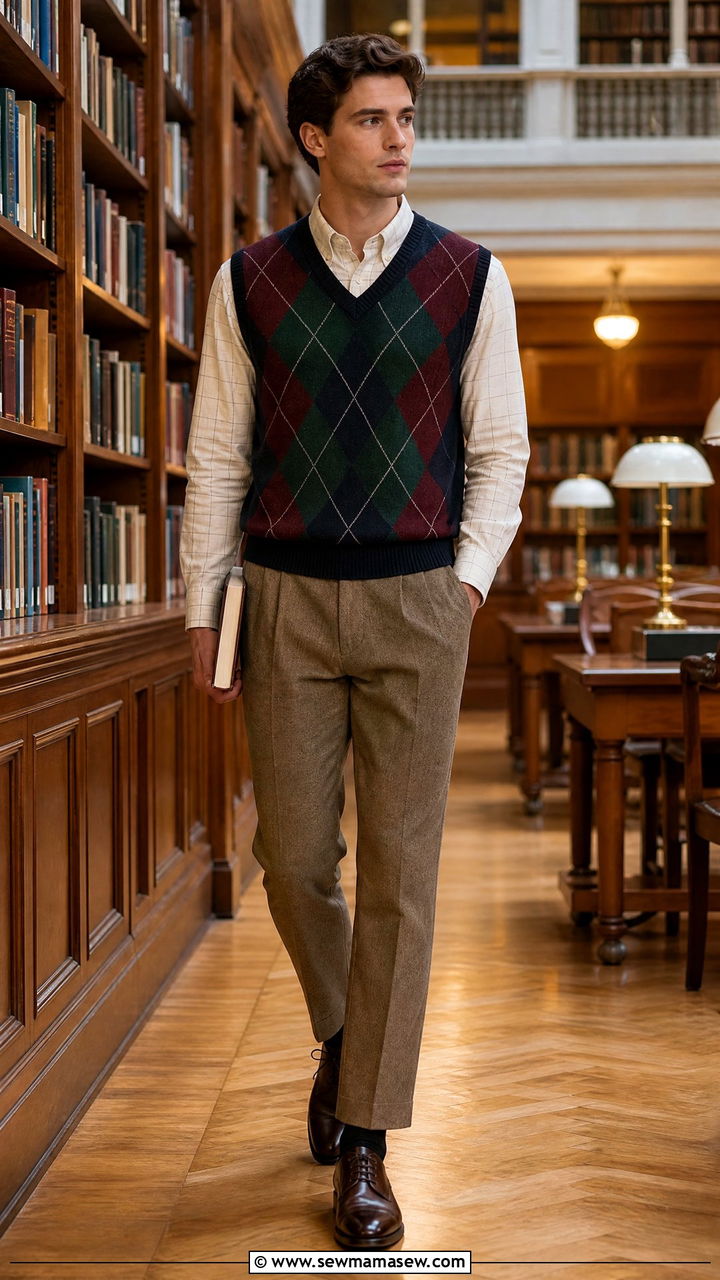 Argyle sweater vest over collared shirt with tailored trousers - 25 Business casual outfits with vest