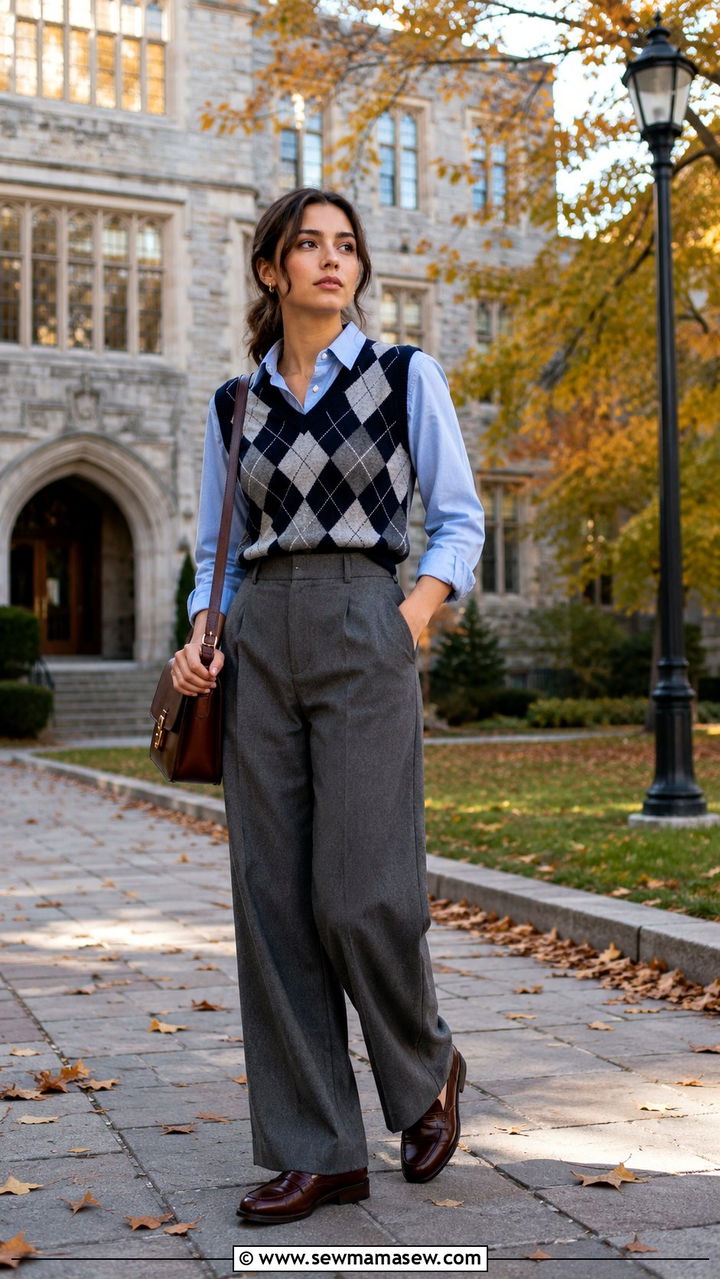 Argyle sweater vest over oxford shirt with wide leg trousers - 25 Old money outfit ideas with equestrian style