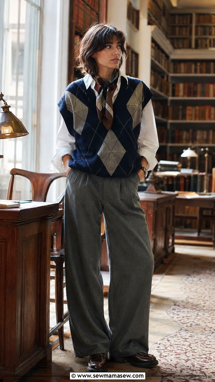 Argyle sweater vest with a crisp white shirt and tailored trousers - 30 Chaotic academia outfit ideas