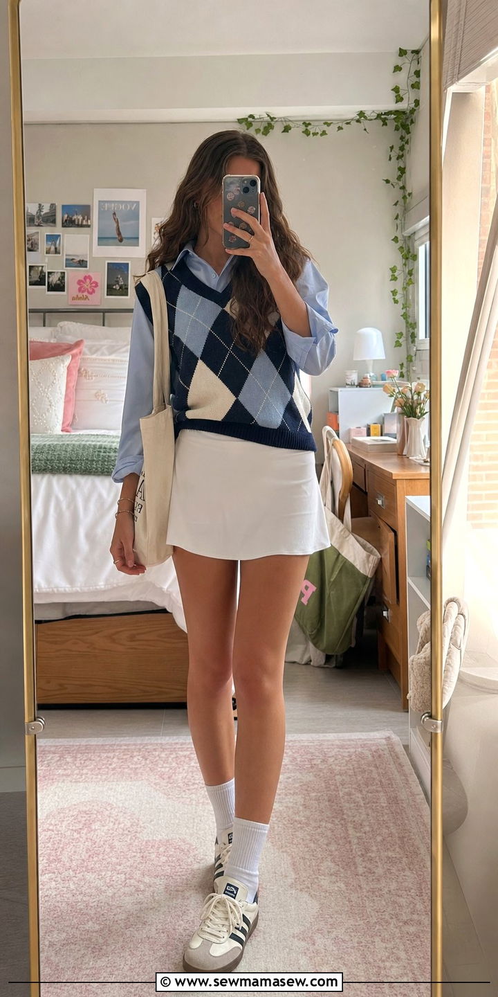 Argyle sweater vest with button down and tennis skirt - 25 Dark academia outfit ideas 2026