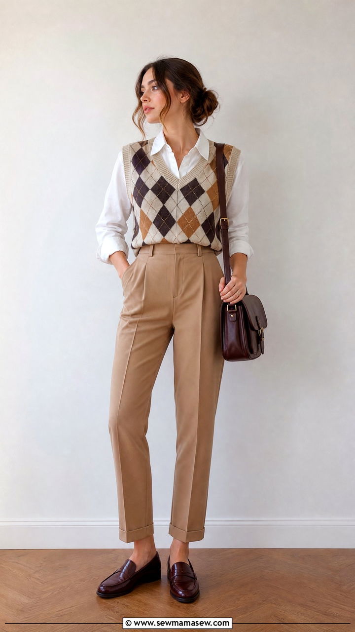 Argyle sweater vest with button down shirt and tailored trousers outfit - 40 light academia outfits