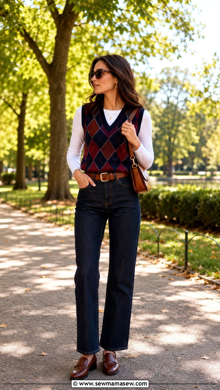 Argyle sweater vest with straight leg jeans - 25 Old money outfit ideas with sweater vest