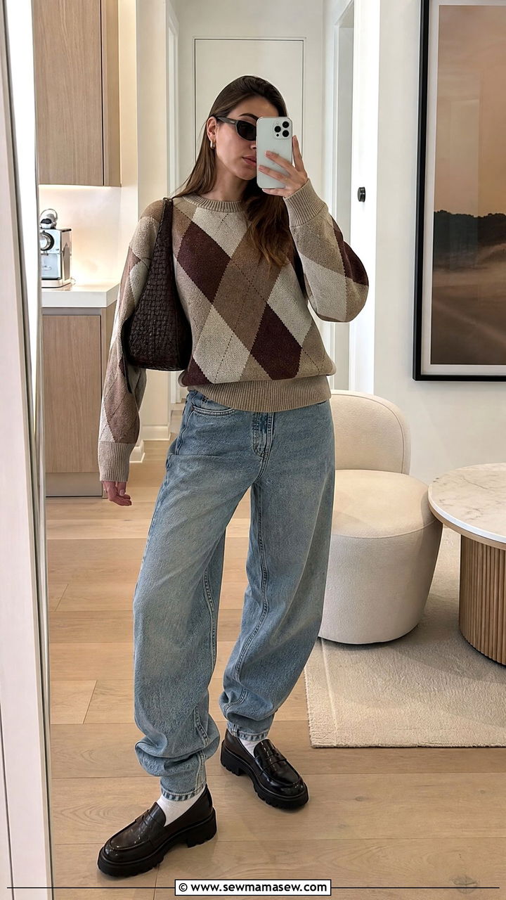 Argyle sweater with baggy jeans and chunky loafers - 35 Hailey Bieber spring outfit ideas