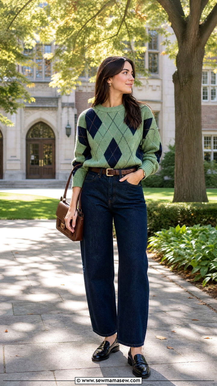 Argyle sweater with barrel jeans and penny loafers - 25 Barrel jeans outfit ideas with a sweater