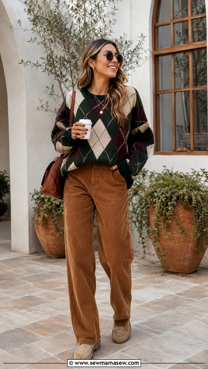 Argyle sweater with corduroy pants outfit - 30 Preppy college outfit ideas